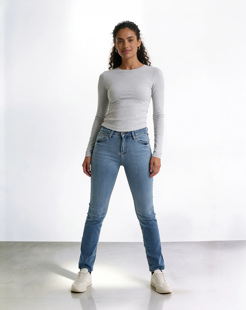 High-waisted, ombré-washed, flare-leg skinny jeans.