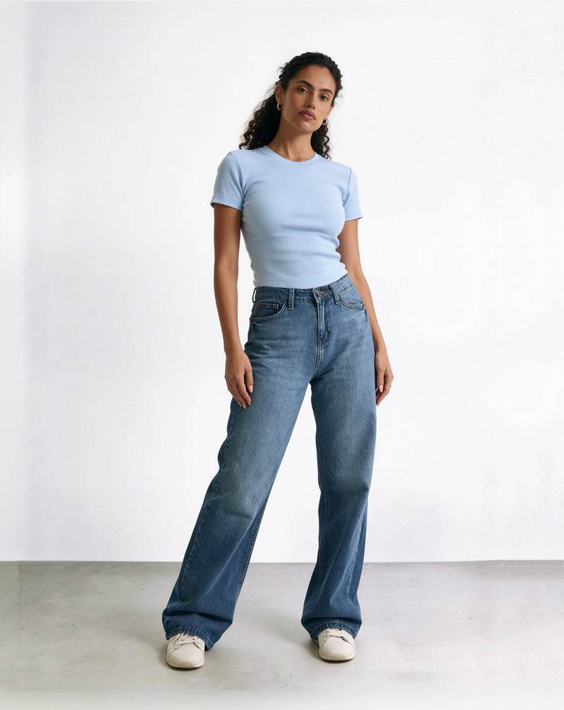 High-waisted, wide-leg jeans with ombre detail.