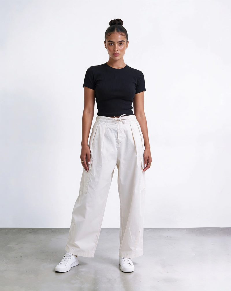 Light beige high-waisted cargo pants with a drawstring.
