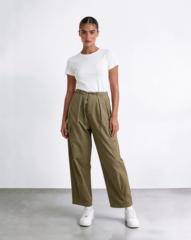 Olive high-waisted cargo pants with drawstring.