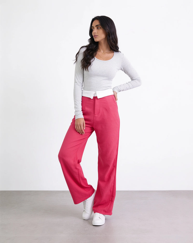 Pink knitted wide-leg pants with a fold-over waist detail and high waist