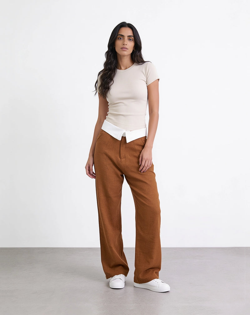 Brown Woven Wide Leg Trousers With Fold Over Waist Detail And High Rise