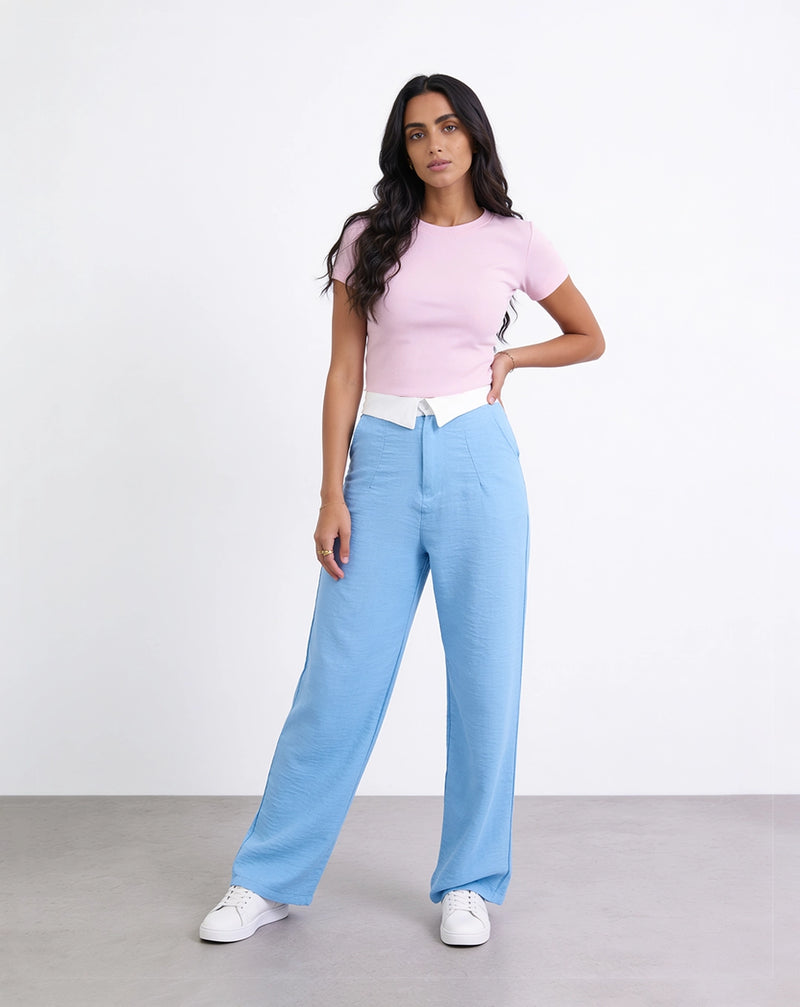 Light blue wide-leg woven trousers with a foldover collar waistband detail and a high rise