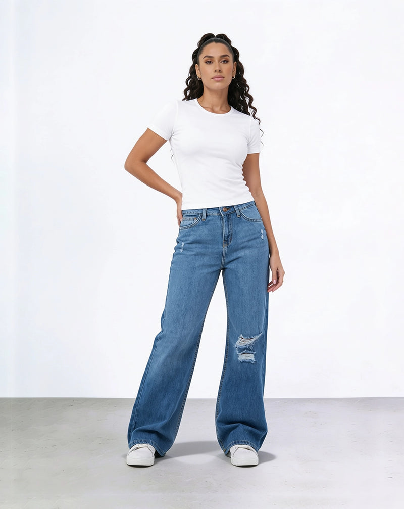 High-waisted wide-leg ripped jeans