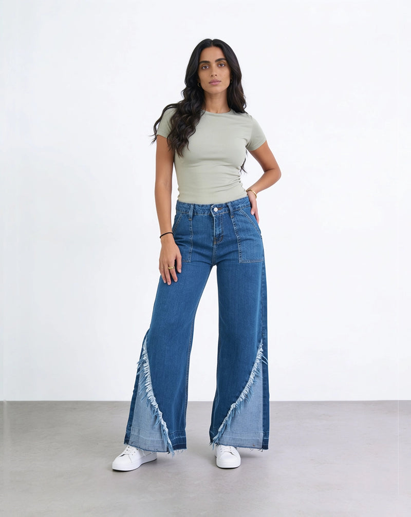 High-waisted wide-leg distressed seam detail jeans