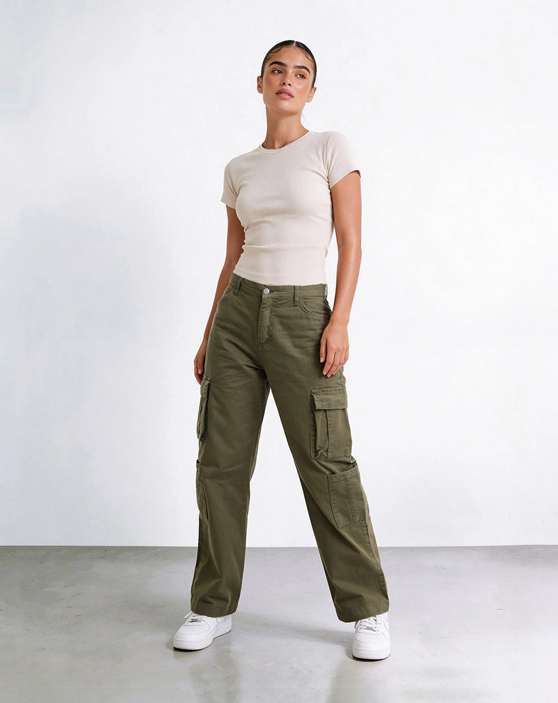 Olive Cargo Straight-Leg High-Waisted Jeans