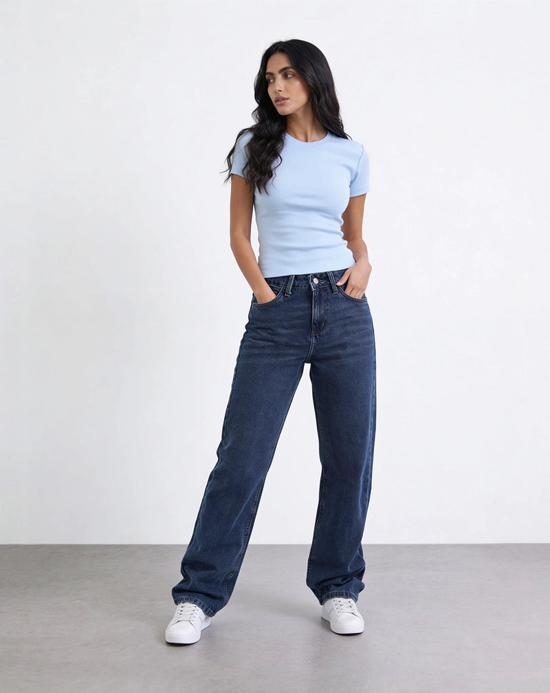 Dark blue, straight-leg, high-waisted jeans