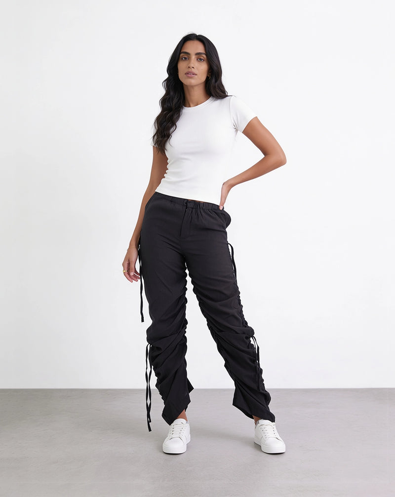 Black Parachute Ripped Trousers with Drawstring and Elasticated High Waist