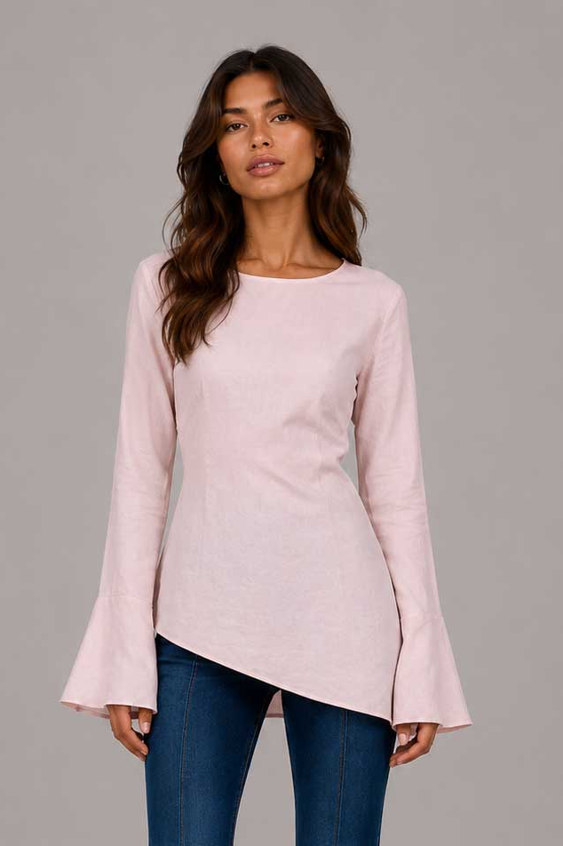 Back-Tie Flare Sleeve Blouse | Powder Pink Blouse CIZARO - Cizaro Jeans