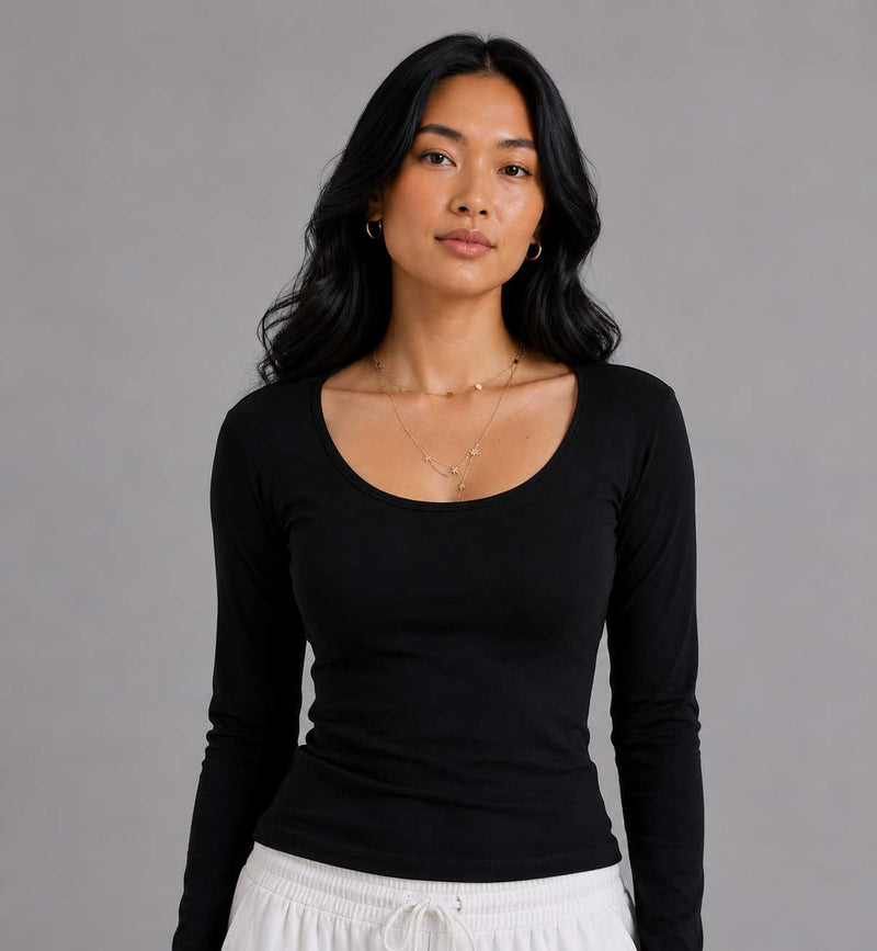 Double-Layer Fitted Long Sleeve U-Neck Top – Black T-shirt CIZARO - Cizaro Jeans