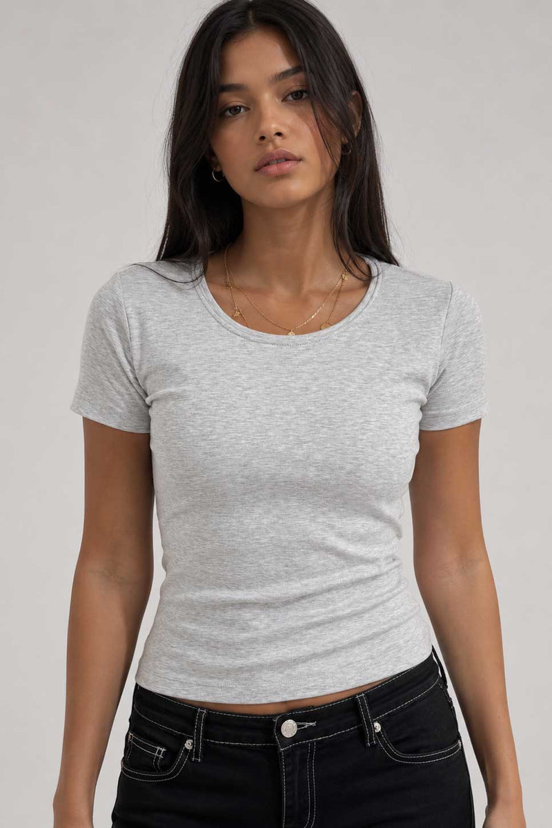 Double-Layer Fitted Short Sleeve U-Neck Top – Heather Gray T-shirt CIZARO - Cizaro Jeans