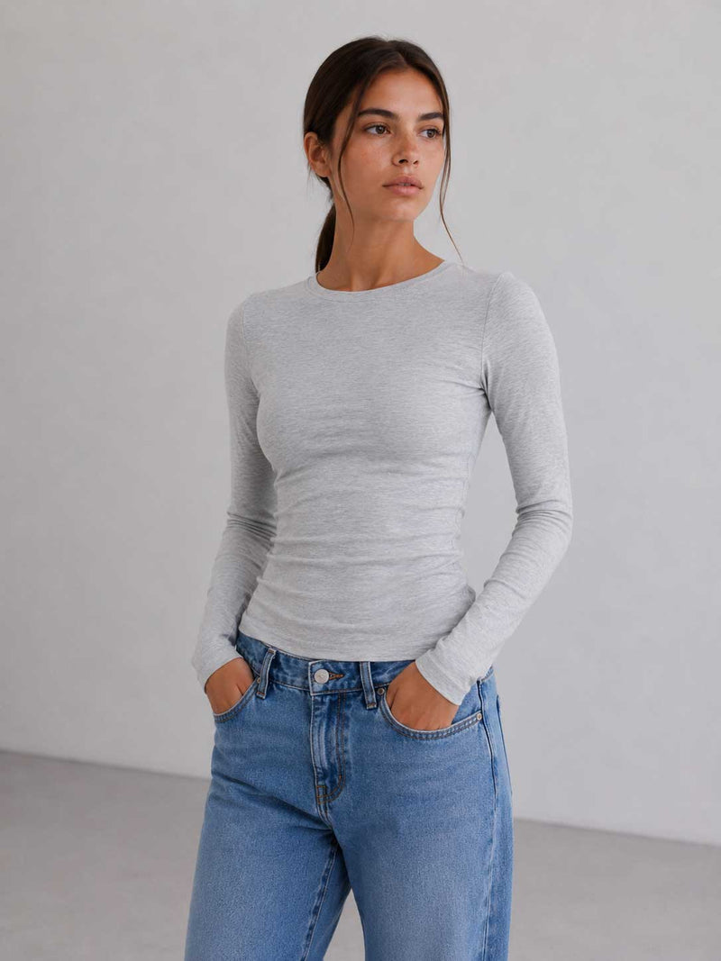 Double-Layer Fitted long Sleeve Crew neck Top _ Gray Top CIZARO - Cizaro Jeans