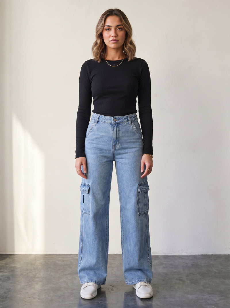 High-waisted straight-leg cargo jeans.