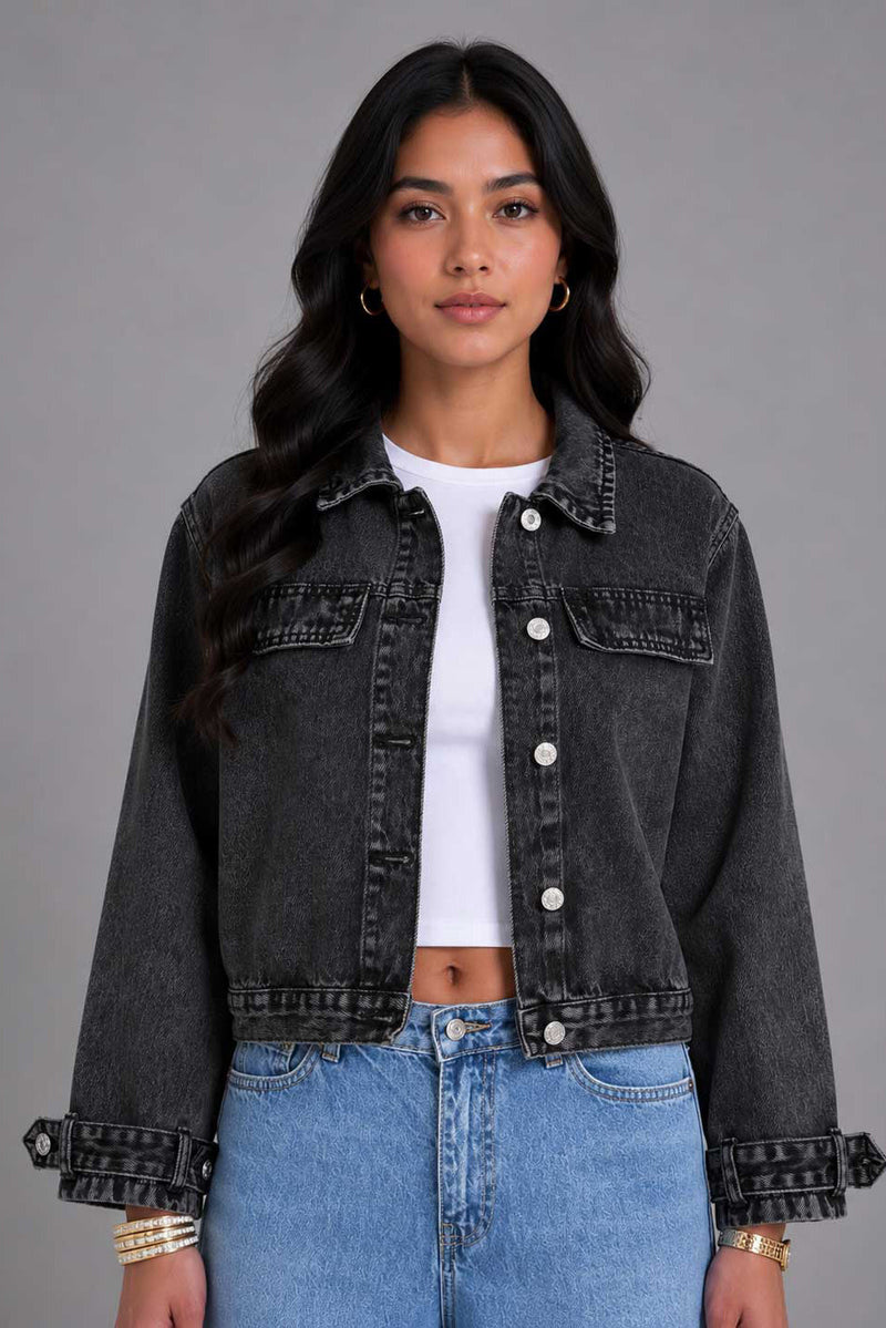 Denim Edge Cropped Jacket | Washed Black Jacket CIZARO - Cizaro Jeans
