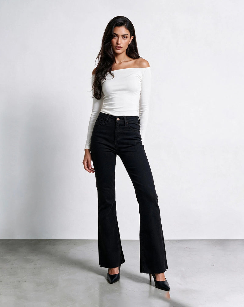Black flared trousers with a side slit and high waist