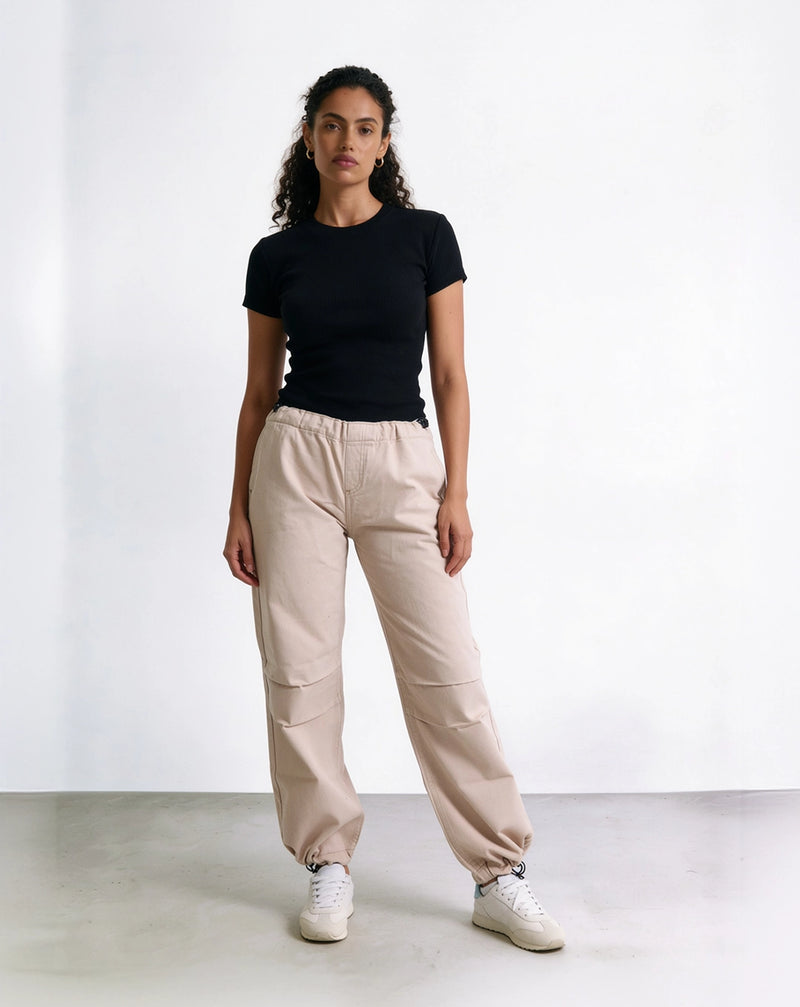 Beige Parachute Jeans with Elastic Drawstring Waist and Mid-Rise