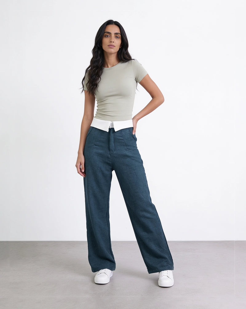 Dark olive wide-leg knit trousers with a folded waist detail and a high waist