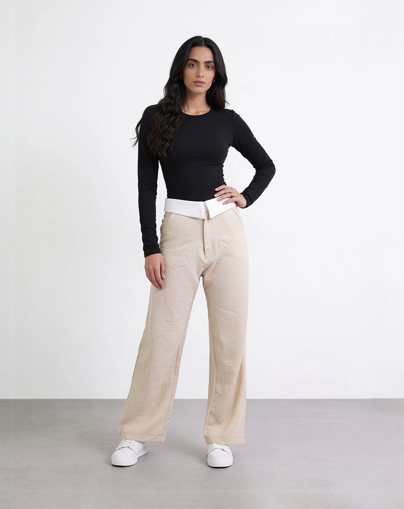 Light beige wide-leg woven trousers with a folded collar waist detail and a high waist