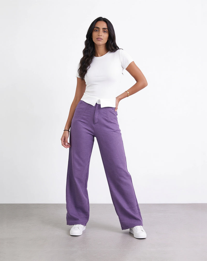 Purple Woven Wide Leg Trousers With Fold Over Waist Detail And High Waist