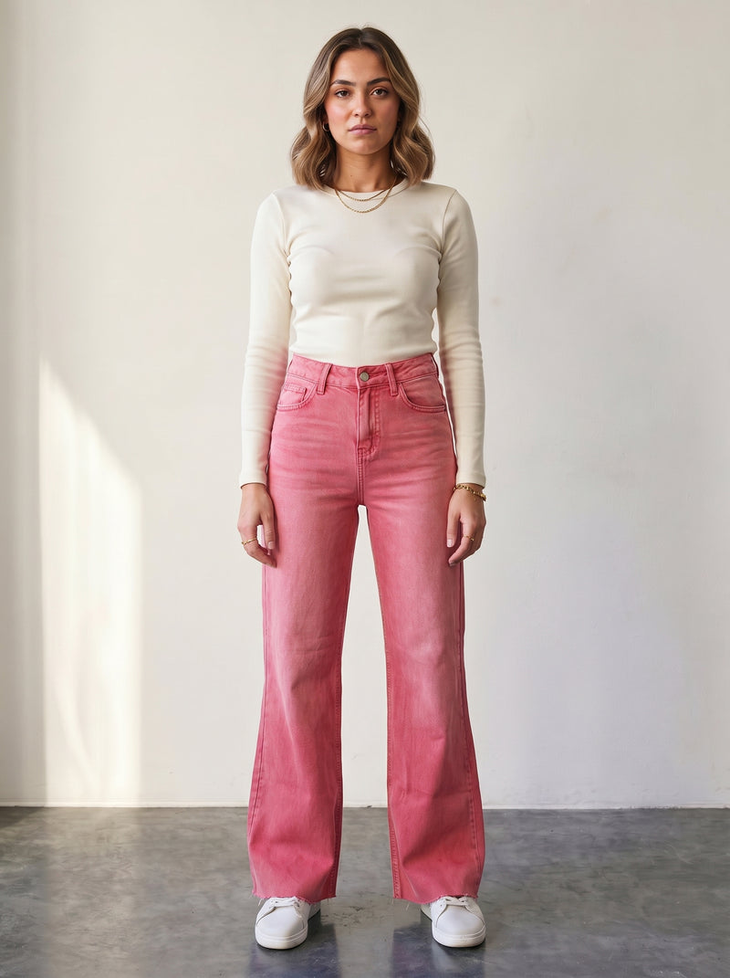 Pink high-waisted wide-leg jeans.