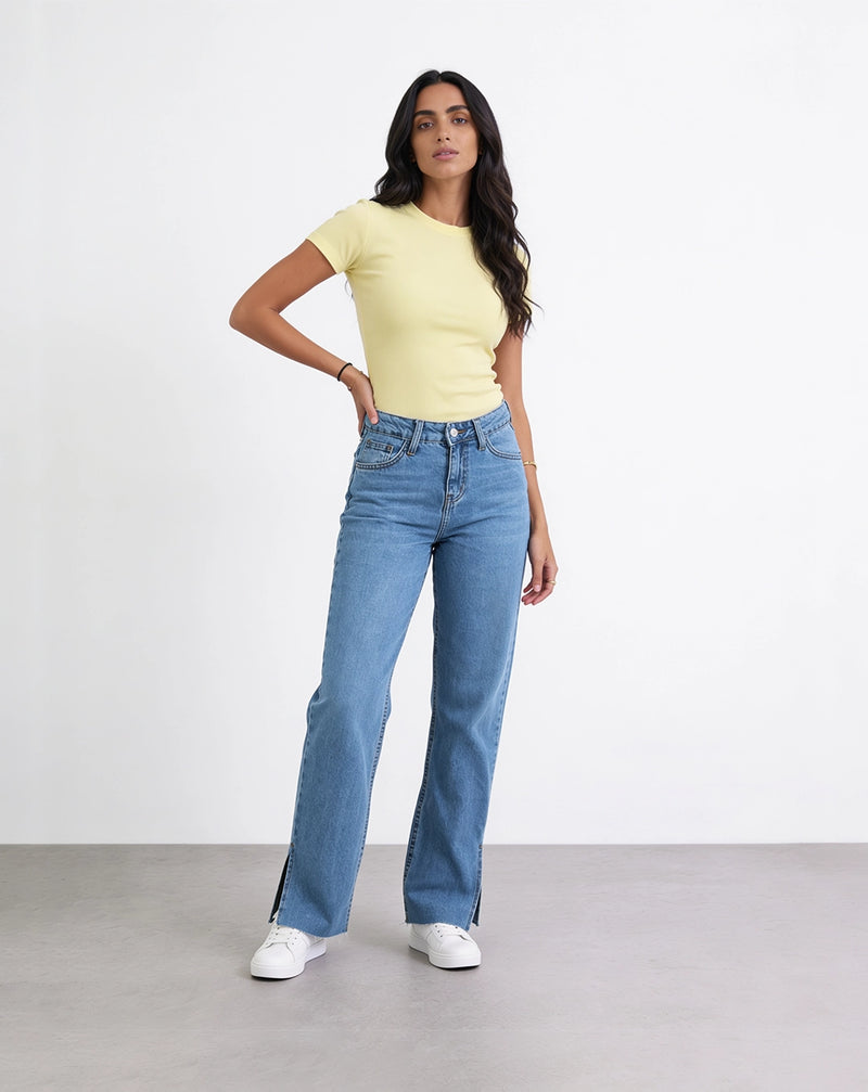 High-waisted straight-leg jeans with side slit