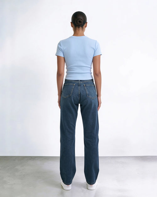 Dark blue high-waisted straight leg jeans