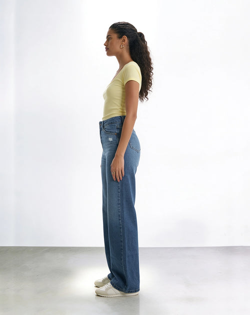 Wide leg ripped distressed high waist jeans.