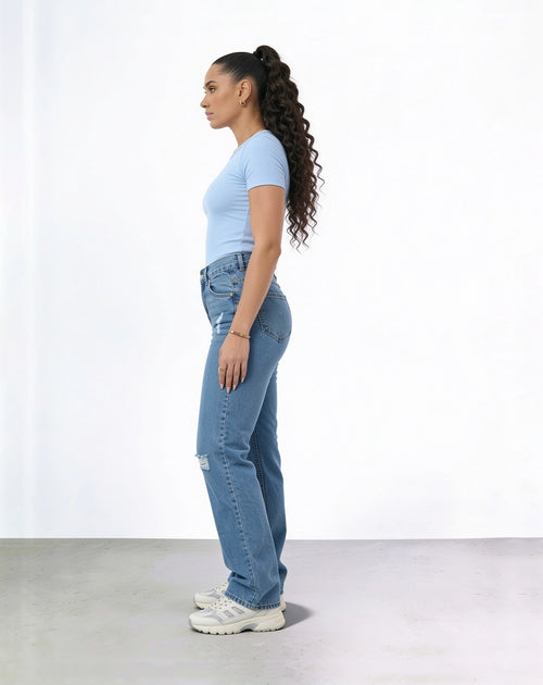 High-Waist Straight Leg Jeans with Ripped Detailing – Mid Blue