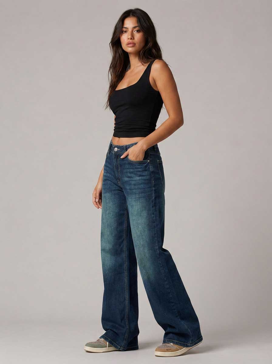 Baggy – Mid Waist Midnight Tide Blue Jeans Baggy CIZARO - Cizaro Jeans