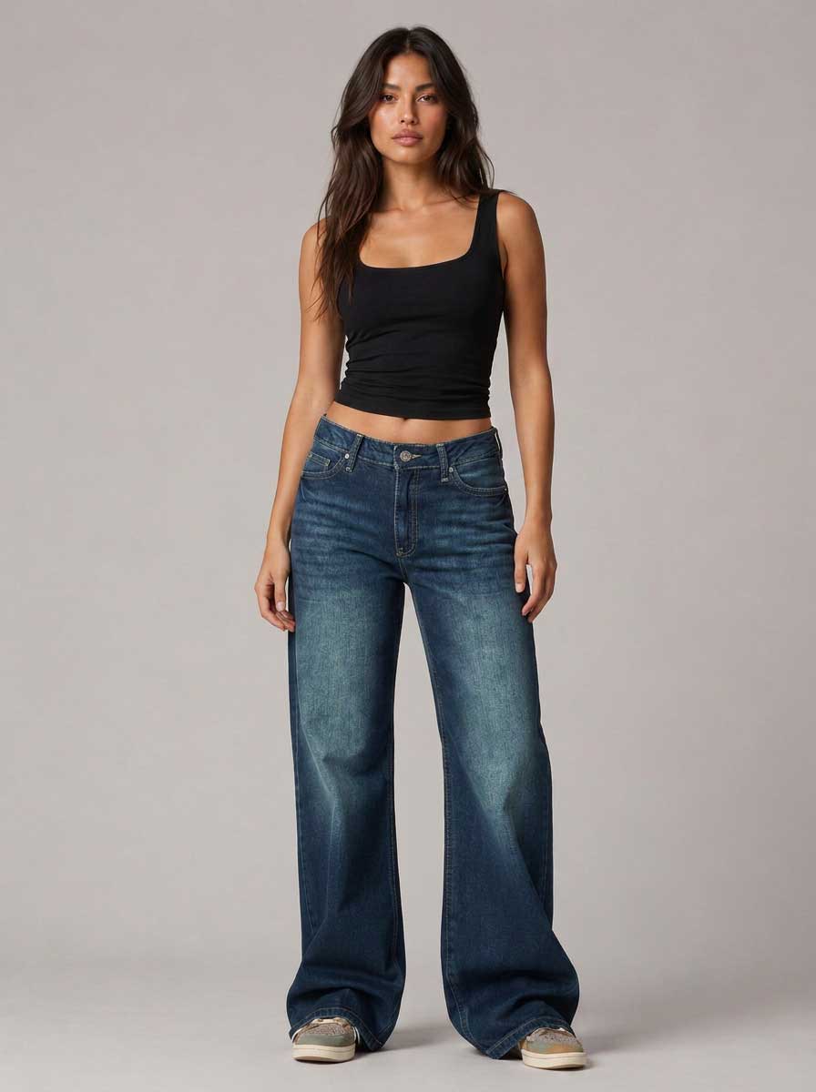 Baggy – Mid Waist Midnight Tide Blue Jeans Baggy CIZARO - Cizaro Jeans