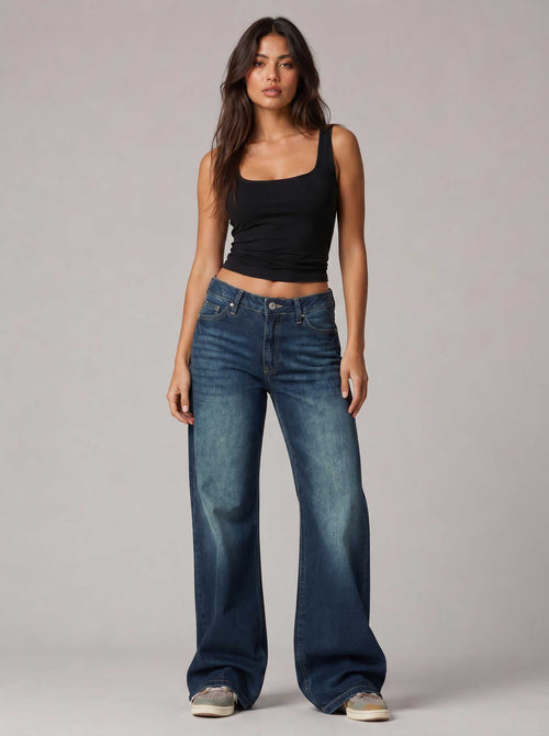 Baggy – Mid Waist Midnight Tide Blue Jeans Baggy CIZARO - Cizaro Jeans