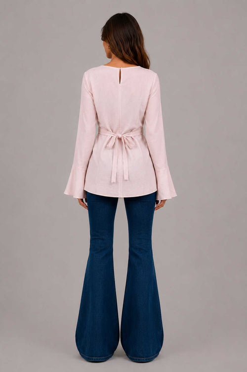 Back-Tie Flare Sleeve Blouse | Powder Pink Blouse CIZARO - Cizaro Jeans
