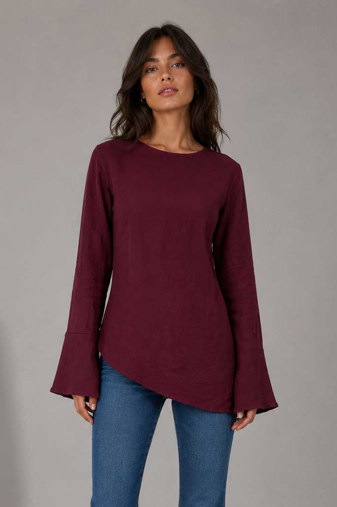 Back-Tie Flare Sleeve Blouse | Burgundy Blouse CIZARO - Cizaro Jeans