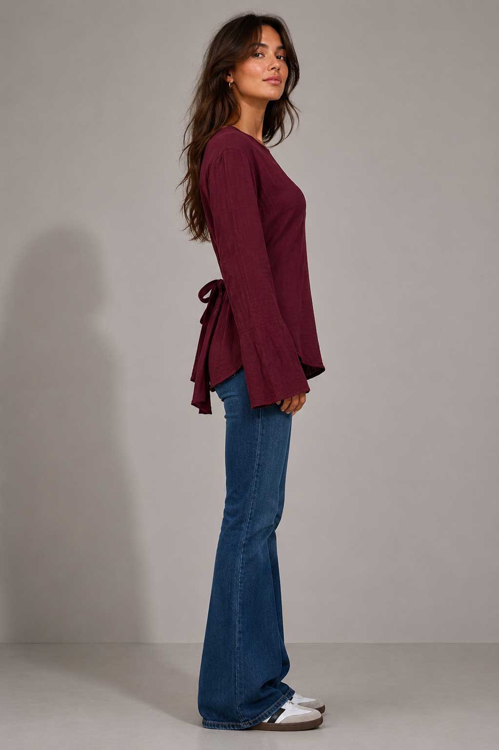 Back-Tie Flare Sleeve Blouse | Burgundy Blouse CIZARO - Cizaro Jeans