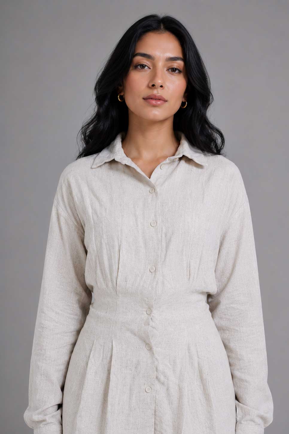 Linen Pleated Blouse with Back Tie – Natural Beige blouse CIZARO - Cizaro Jeans