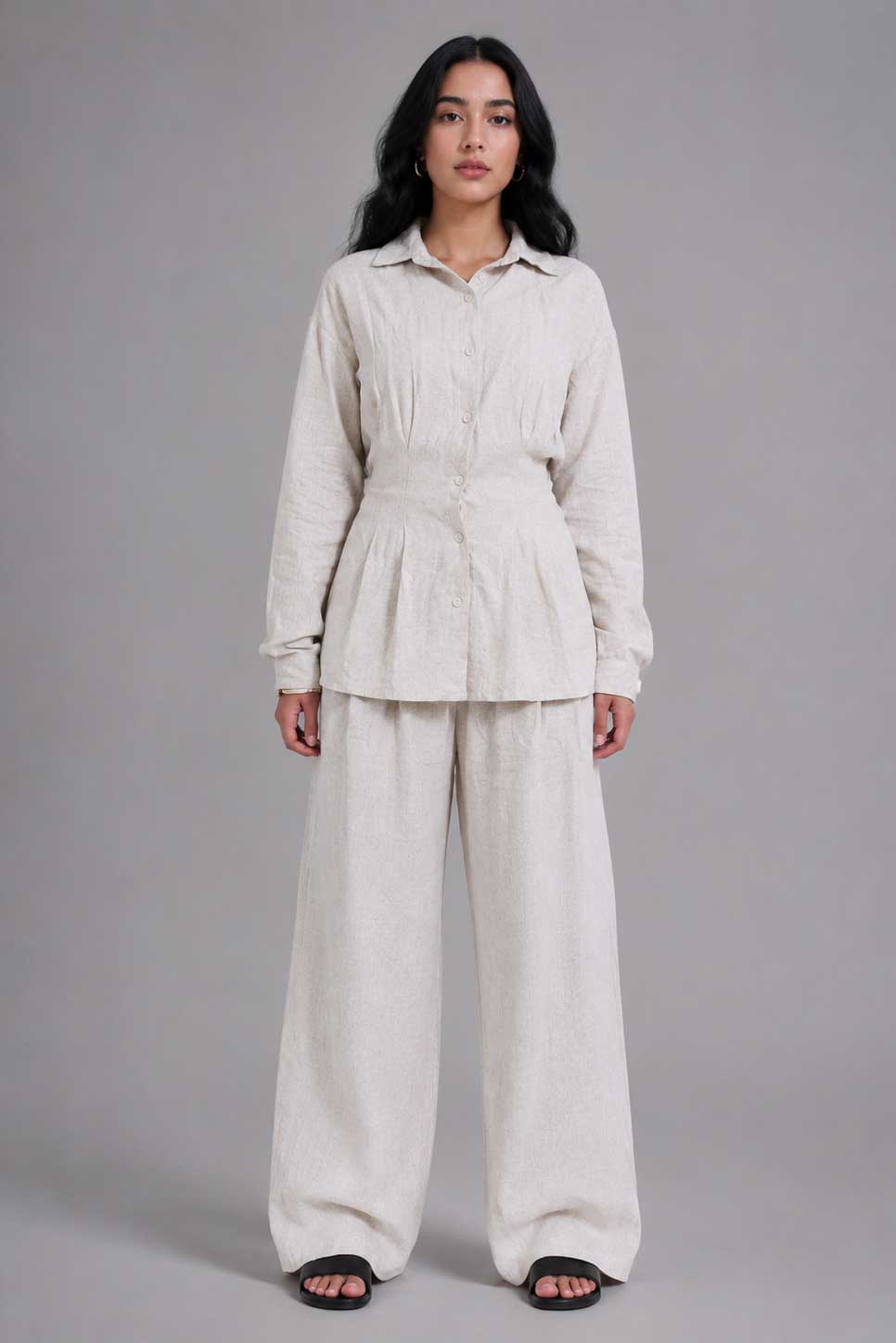 Linen Pleated Blouse with Back Tie – Natural Beige blouse CIZARO - Cizaro Jeans