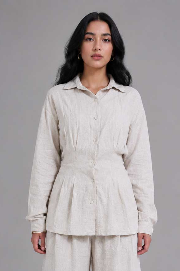 Linen Pleated Blouse with Back Tie – Natural Beige blouse CIZARO - Cizaro Jeans