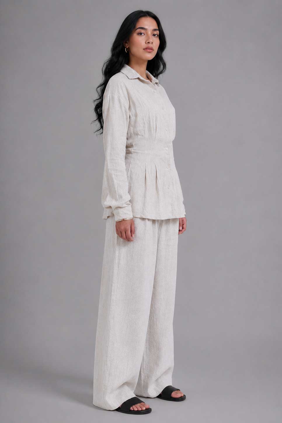 Linen Pleated Blouse with Back Tie – Natural Beige blouse CIZARO - Cizaro Jeans