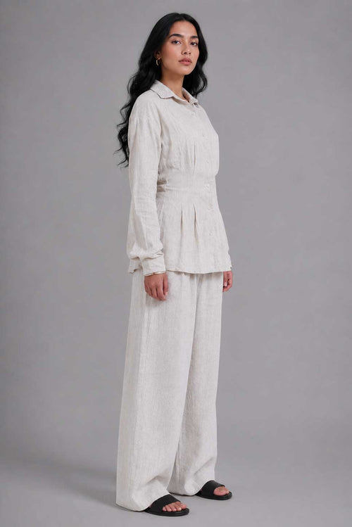 Linen Pleated Blouse with Back Tie – Natural Beige blouse CIZARO - Cizaro Jeans
