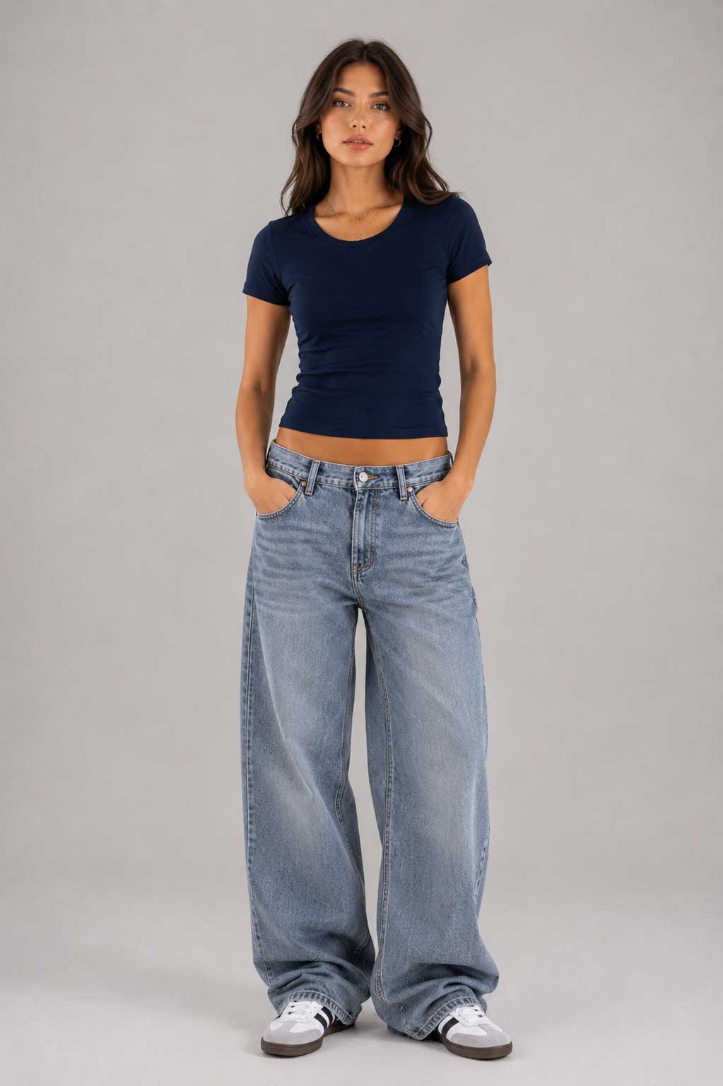 Double-Layer Fitted Short Sleeve U-Neck Top – Navy Blue T-shirt CIZARO - Cizaro Jeans