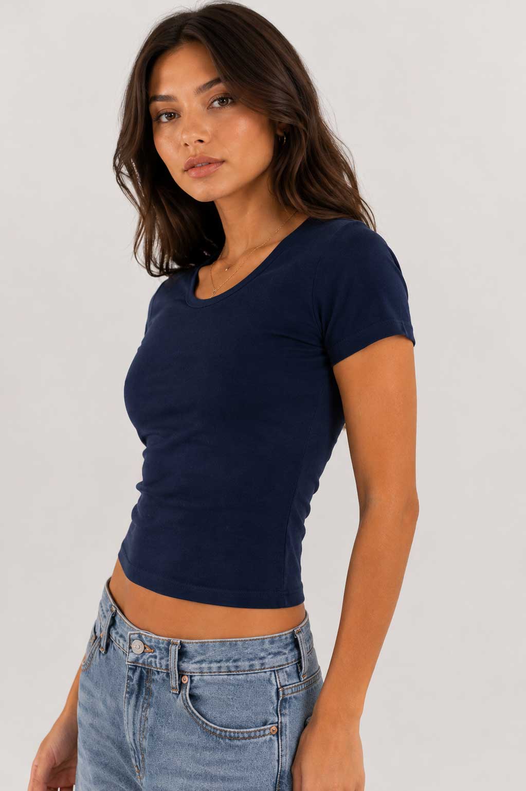 Double-Layer Fitted Short Sleeve U-Neck Top – Navy Blue T-shirt CIZARO - Cizaro Jeans