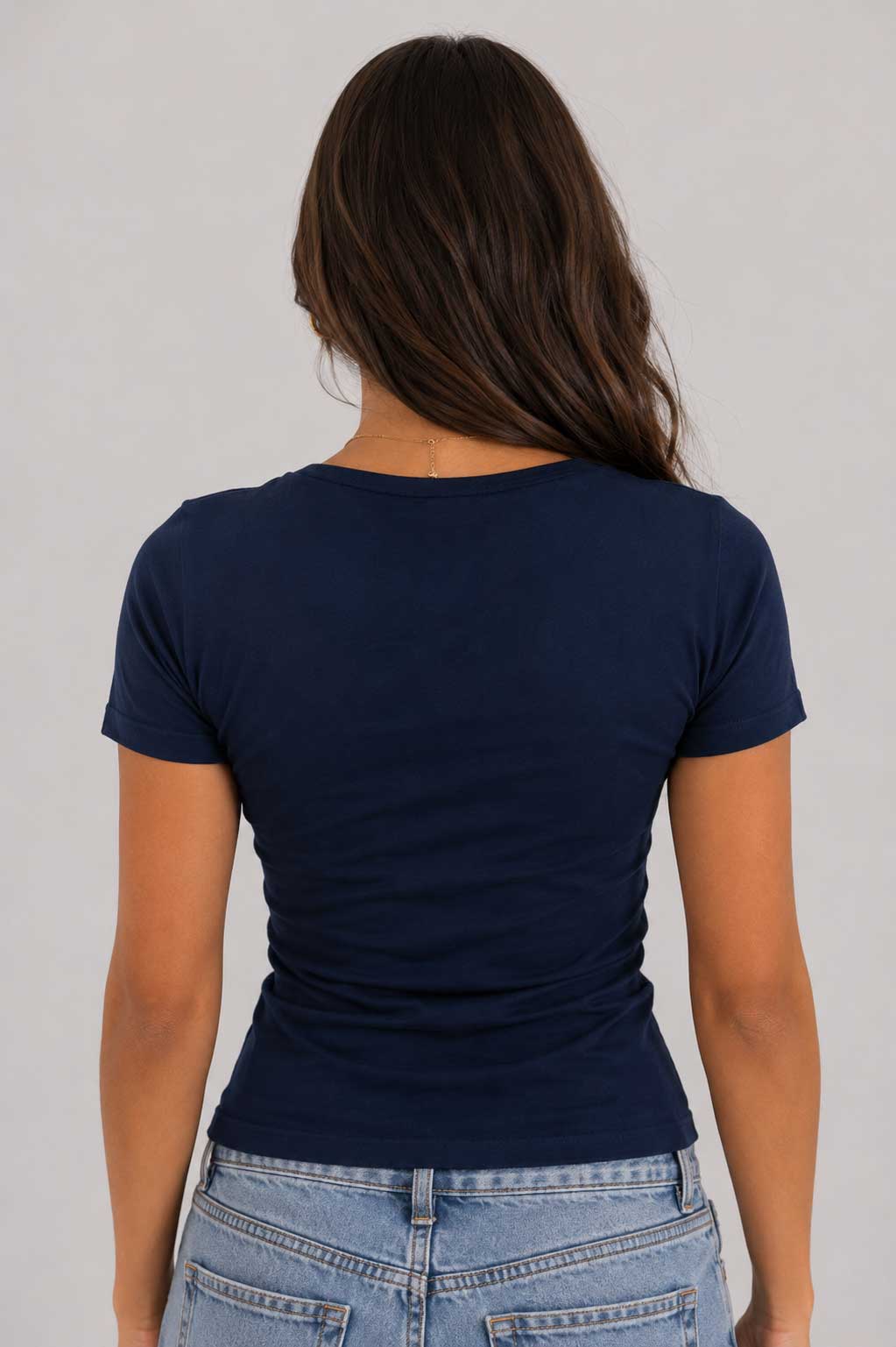 Double-Layer Fitted Short Sleeve U-Neck Top – Navy Blue T-shirt CIZARO - Cizaro Jeans