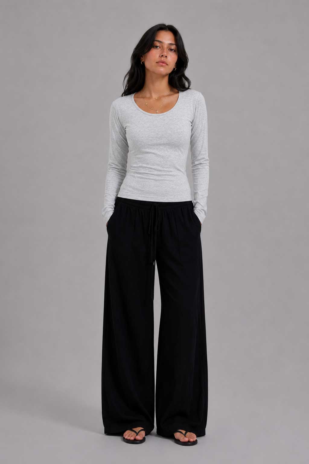 Double-Layer Fitted Long Sleeve U-Neck Top – Gray T-shirt CIZARO - Cizaro Jeans