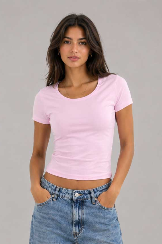 Double-Layer Fitted Short Sleeve U-Neck Top – Soft Blush Pink T-shirt CIZARO - Cizaro Jeans