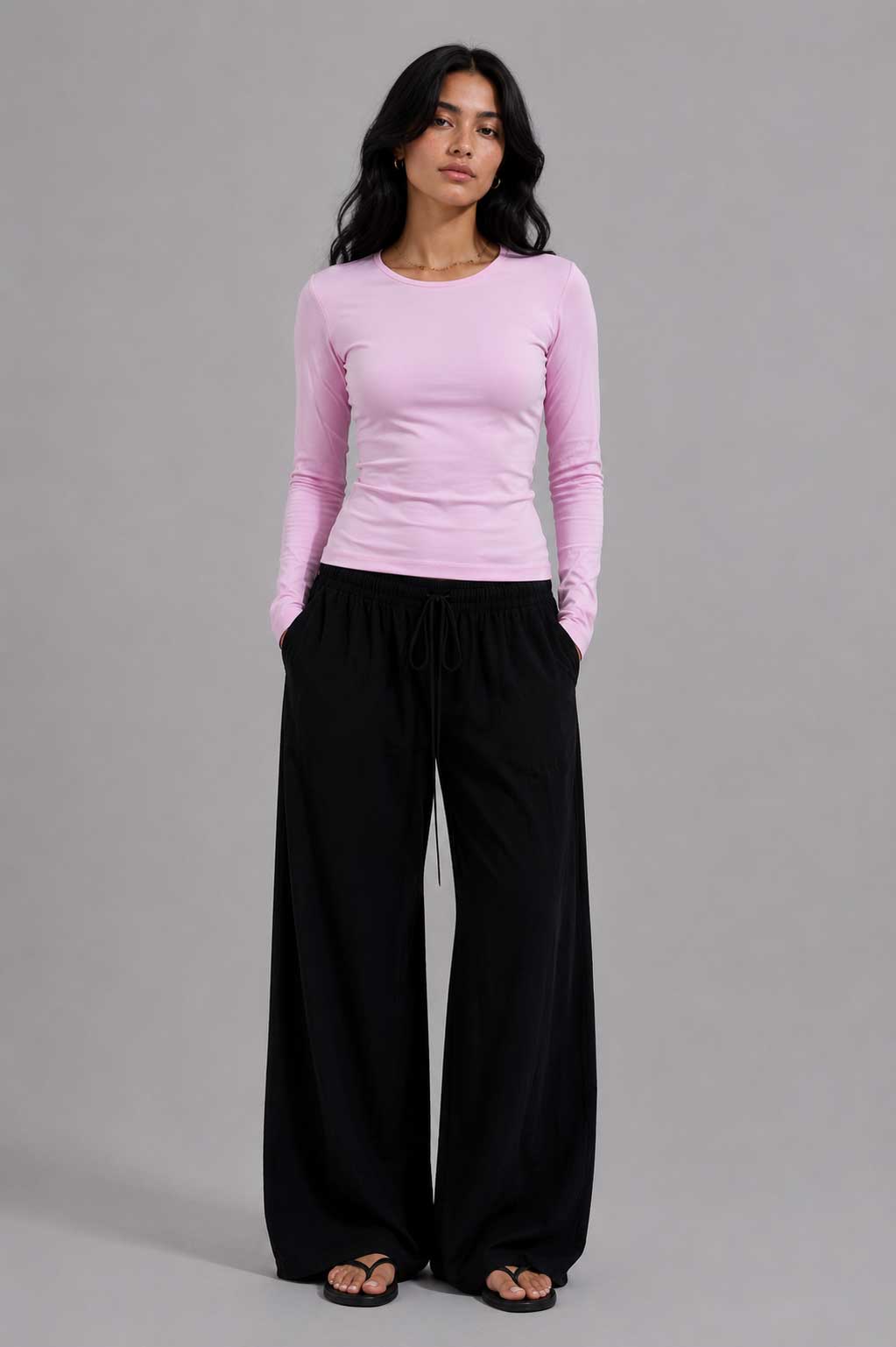 Double-Layer Fitted Long Sleeve Crew Neck Top – Pink T-shirt CIZARO - Cizaro Jeans