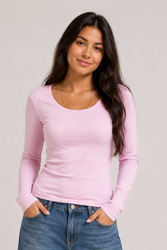 Double-Layer Fitted Long Sleeve U-Neck Top – Pink Top CIZARO - Cizaro Jeans