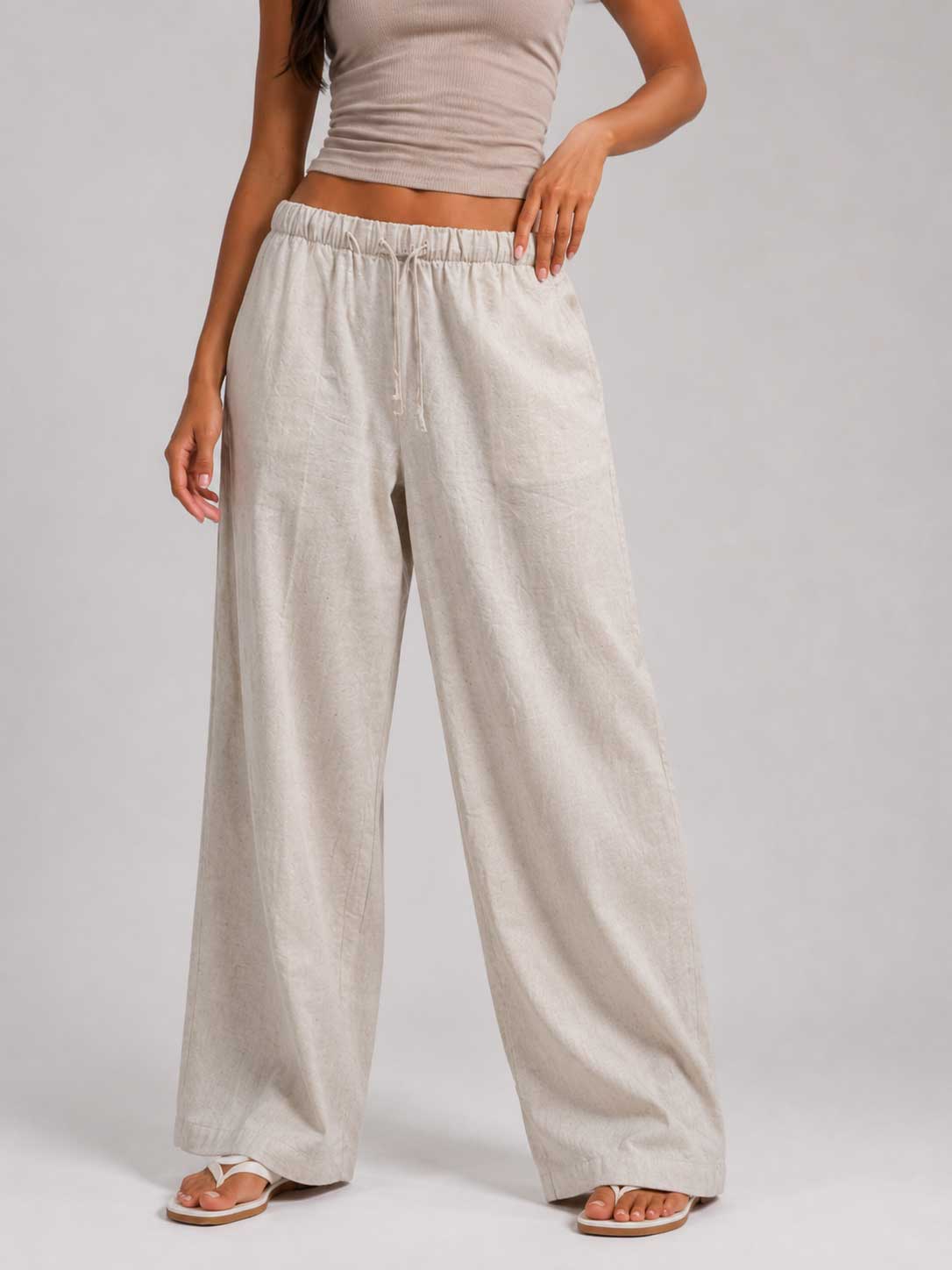Wide Linen Trousers – Oat Beige Trousers CIZARO - Cizaro Jeans
