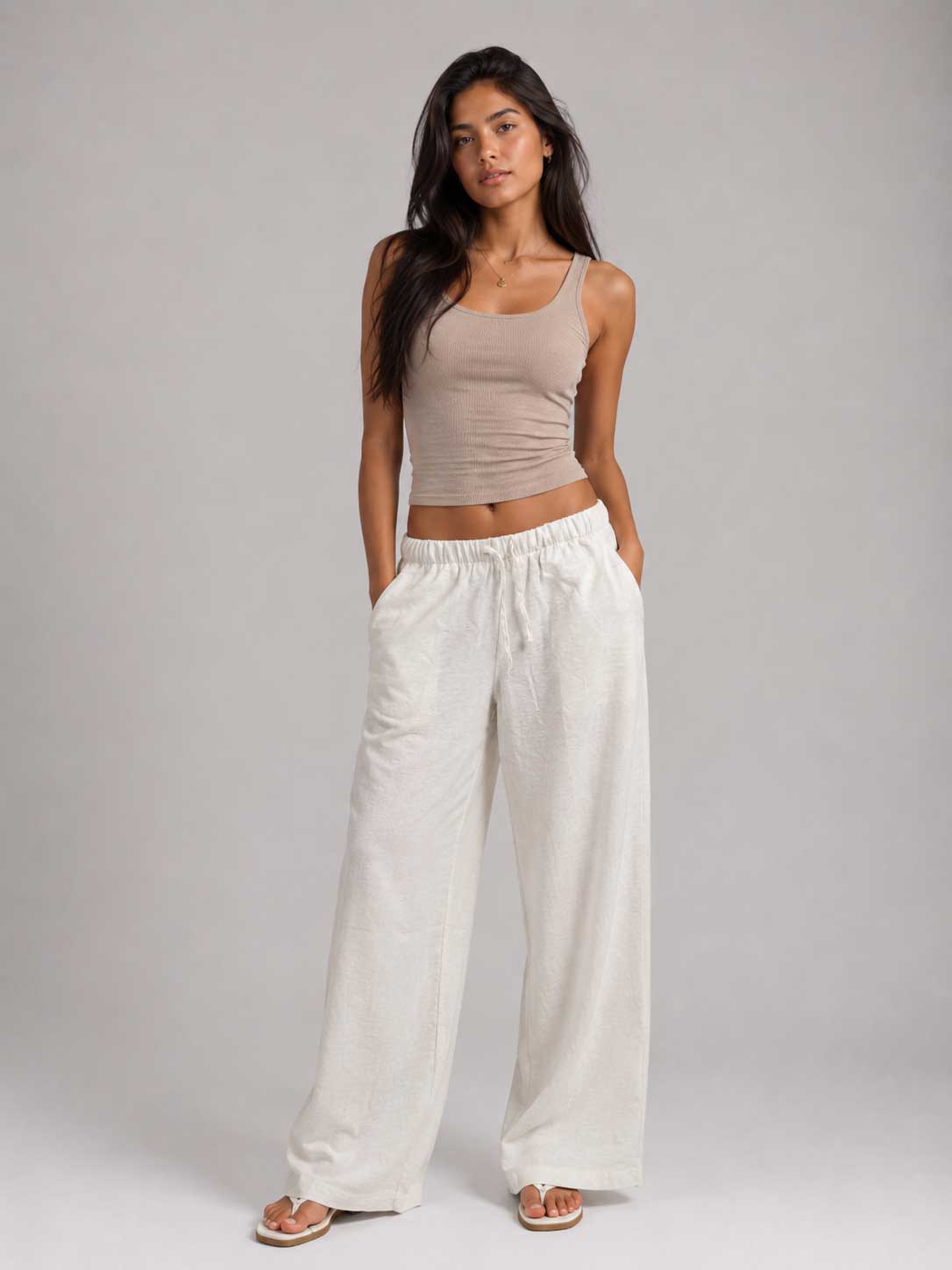 Wide Linen Trousers – Off White Trousers CIZARO - Cizaro Jeans