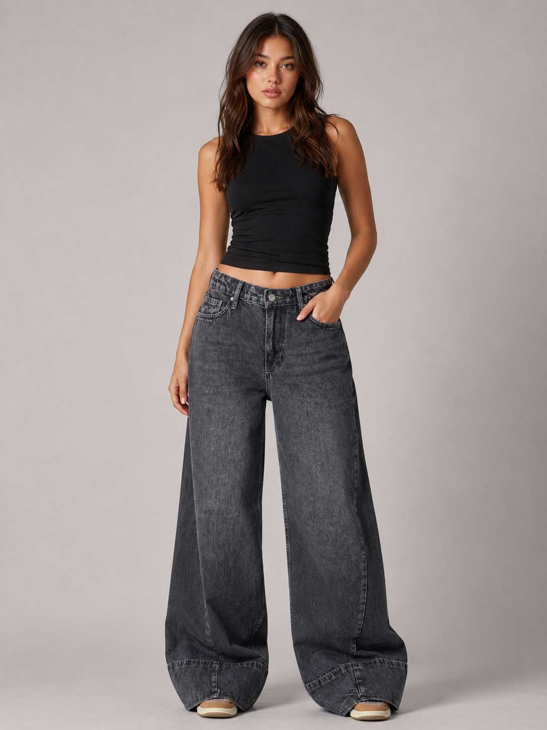 Extreme Wide Leg – High Waist Cloudy Charcoal Jeans Wide leg CIZARO - Cizaro Jeans