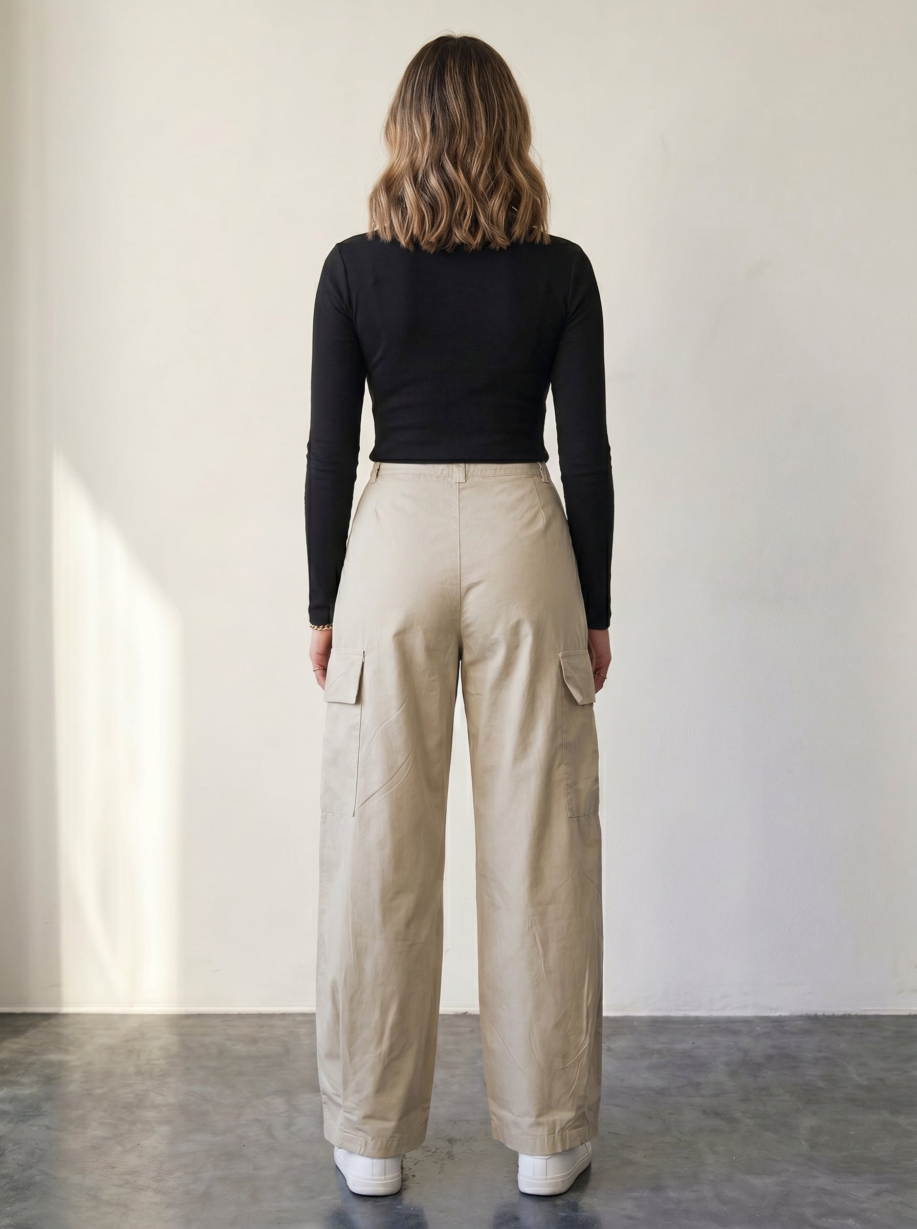High-waisted beige cargo pants with drawstring